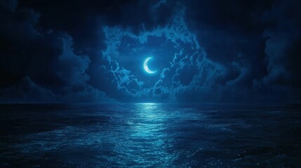 A serene crescent moon illuminates a dark blue ocean under a cloudy night sky. Ideal for relaxation, meditation, or sleep apps.