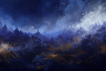Naklejka premium Dark atmospheric landscape, misty mountains, deep blue hues, ethereal clouds, digital painting, fantasy scenery.