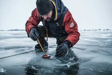 Person checks ice thickness, winter lake.