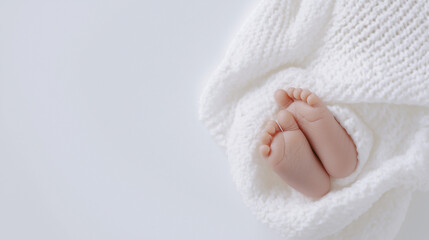 Close-up of tiny baby feet snuggled in a soft white blanket, radiating innocence and warmth