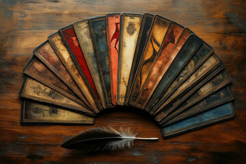 A collection of tarot cards arranged in a fan display on a rustic wooden surface next to a feather