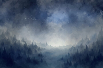 Misty mountain landscape, atmospheric fog, serene blue tones, dreamy scenery, digital painting style.