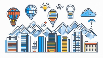Innovative Cityscape with Hot Air Balloons, Representing Technological Advancement and Exploration