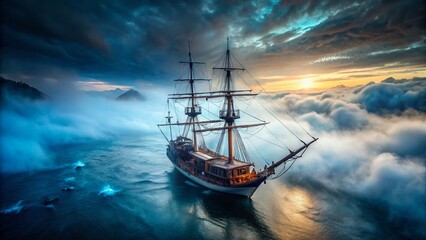 Fototapeta premium Mysterious Old Ship Lost in Dense Fog - Aerial View