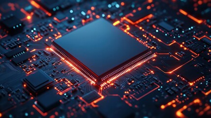 Fototapeta premium A 3D render of a CPU on a circuit board, with electric pulses leading to the processor, leaving space for branding.