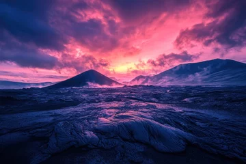 Fototapeten Stunning sunset over volcanic landscape with colorful clouds and lava formations © YouraPechkin