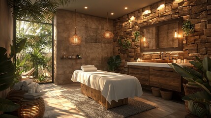 Luxurious spa room with massage table, stone wall, and tropical plants.