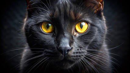 Mystical Black Cat Portrait: Glowing Yellow Eyes, Night Photography