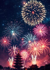 Naklejka premium Fireworks Above a Chinese Pagoda at Night in Vibrant Colors