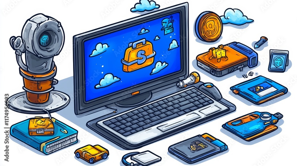 Poster isometric illustration of a computer setup with surrounding gadgets and components