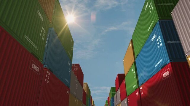 Cargo transport import export cargo containers in row seamless and loopable business concept. International trade industrial shipping box 3d loop.