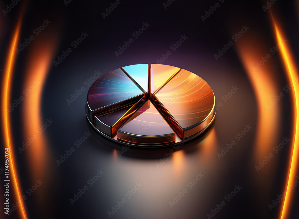Aufkleber a metallic pie chart, segmented and gleaming, sits on a dark reflective surface. surrounding it are 