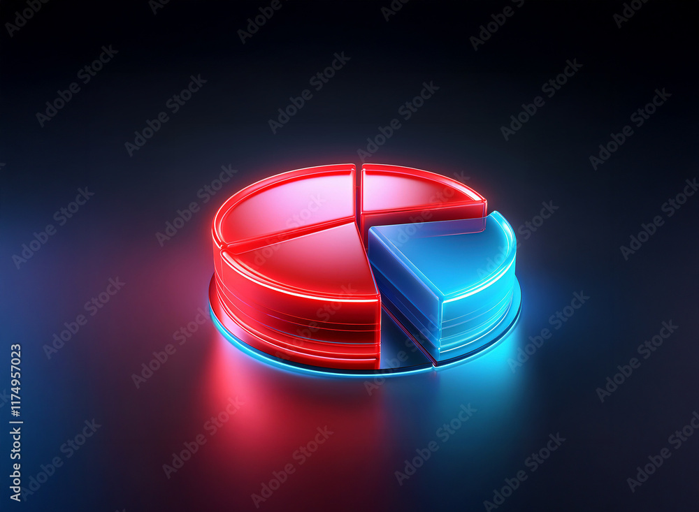 Poster a vibrant 3d pie chart, segmented into red and blue sections, glows with neon light on a dark reflec