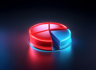 A vibrant 3D pie chart, segmented into red and blue sections, glows with neon light on a dark reflective surface.  The image conveys data visualization and analysis.