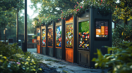 modern recycling and compost hub featuring interactive displays, surrounded by greenery and flowers, promoting sustainability