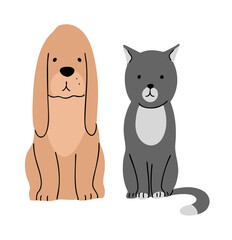 A cute dog and a cat are sitting together. Pet friendship. Waiting for the vet. Animal character. Cartoon vector illustration isolated on white background