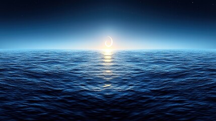 A crescent moon rises over a tranquil dark blue ocean at night. Ideal for backgrounds wallpapers or illustrating concepts of serenity and new beginnings.