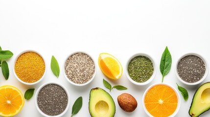 Bowls of chia seeds, lemon, orange, avocado, and pollen on white background.