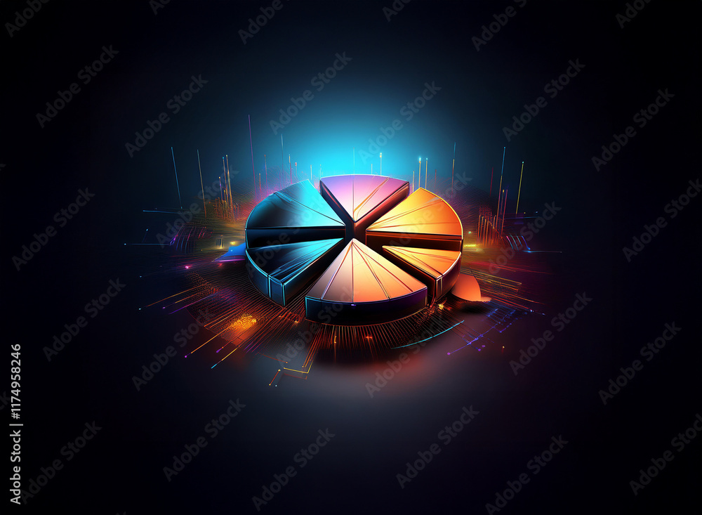 Poster a vibrant, 3d pie chart glows with dynamic energy, segmented into radiating sections. its metallic s