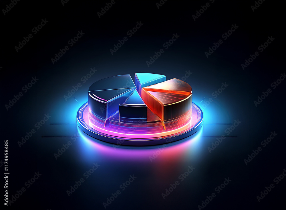 Poster a vibrant, segmented pie chart glows with neon light, resting on a circular platform. its metallic s