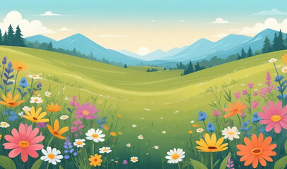 Children's illustration with a meadow of blooming flowers. Spring meadow with wildflowers. Summer natural landscape Conceptual design of a children's room.