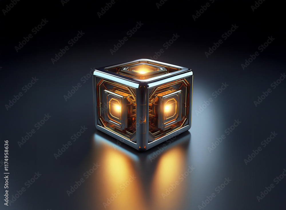 Poster a glowing metallic cube sits on a dark surface, its internal lights illuminating the intricate metal