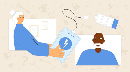 Burnout elderly man therapy. Online counseling session with psychiatric. Tired senior character charge with psychologists. Client with grief depression. Vector concept illustration.