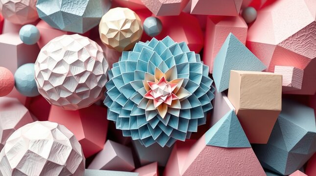 Colorful arrangement of geometric shapes and intricate paper flowers in pastel hues