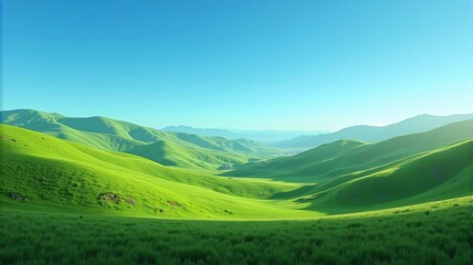 Fototapeta premium A serene landscape of rolling green hills under a clear blue sky, illuminated by soft natural light, evoking a peaceful and tranquil atmosphere. Perfectly photorealistic in 8k quality