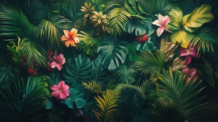 Lush tropical jungle foliage and vibrant blossoms create a captivating backdrop. Ideal for nature-themed designs, wallpapers, or adding an exotic touch to any project.