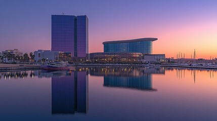 Calm waterfront cityscape at dawn, reflecting modern architecture in still water.