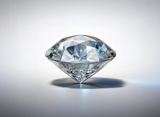 A brilliant, flawlessly cut diamond sparkles on a light grey background, showcasing its intricate facets and dazzling light reflection.  Its shadow suggests depth and three-dimensionality.