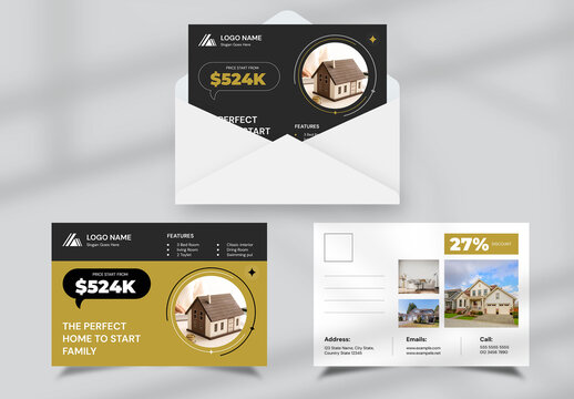 Real Estate Postcard Layout with Golden Accents