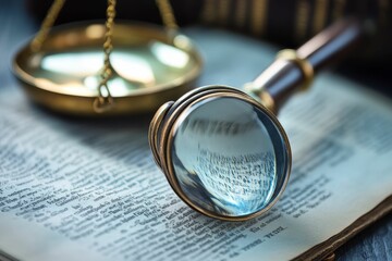 Antique book, magnifying glass, scales of justice.
