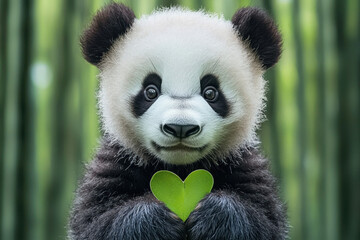 Fototapeta premium baby panda holding heart shaped leaf in bamboo forest, expressing joy