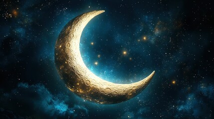 A golden crescent moon shines brightly against a dark starry sky. Ideal for fantasy projects, social media posts, or celestial-themed designs.