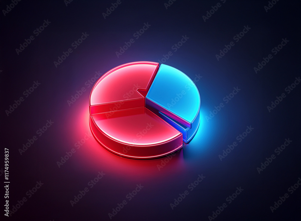 Poster a vibrant 3d pie chart glows with red and blue neon segments against a dark background. its illumina