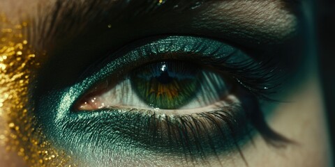 Eye with gold and green makeup