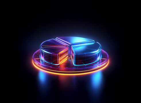 A vibrant, glowing pie chart sits on a neon-lit platform, segments radiating color against a dark background.  The image evokes concepts of data, analysis, and progress.