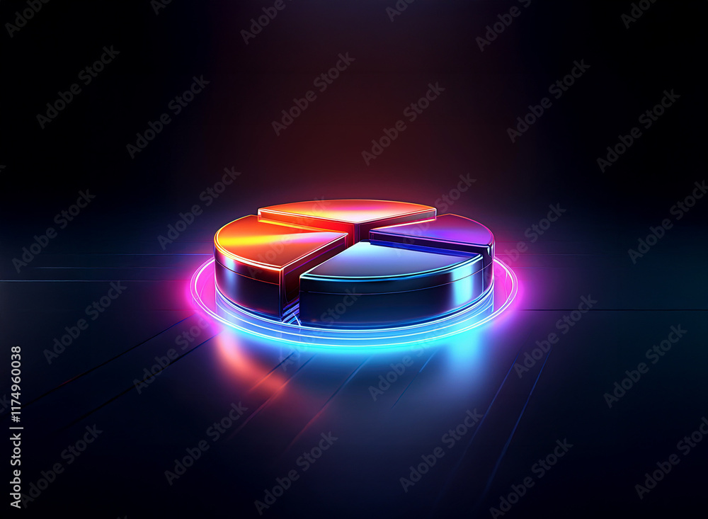 Poster glowing metallic pie chart segments on a dark reflective surface, illuminated by a vibrant neon ring