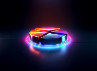 Glowing metallic pie chart segments on a dark reflective surface, illuminated by a vibrant neon ring.  The image evokes concepts of data, analysis, and progress.
