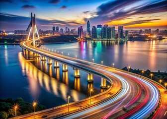 Fototapeta premium Nansha Bridge Night Lights Long Exposure Photography - Stunning Cityscape