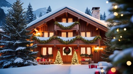 Cozy mountain chalet decorated for Christmas, snowy pine trees in background