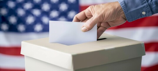 Fototapeta premium A close up of a hand inserting a ballot into a voting box with an American flag in the background, symbolizing participation in the democratic process. Ideal for election and voting themes.