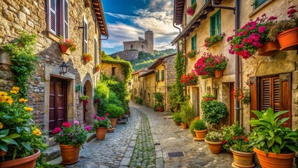 Fototapeta premium Narrow Medieval Italian Street, Old Town Castle Village, Scenic Pathway