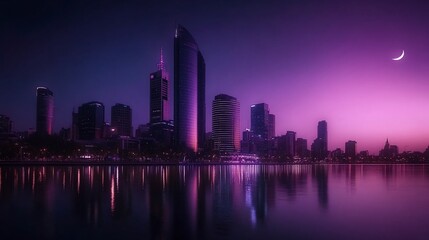 Fototapeta premium Purple city skyline reflecting in calm water at twilight with crescent moon.