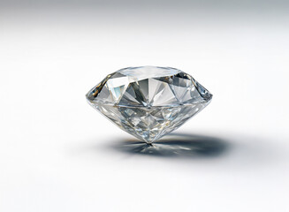 A brilliant, colorless diamond rests on a reflective white surface, casting a subtle shadow.  Its facets sparkle, showcasing its exceptional clarity and cut.