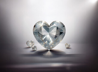 Fototapeta premium A large, faceted diamond heart sits on a reflective surface, illuminated by a spotlight. Smaller hearts surround it, creating a romantic, luxurious scene.