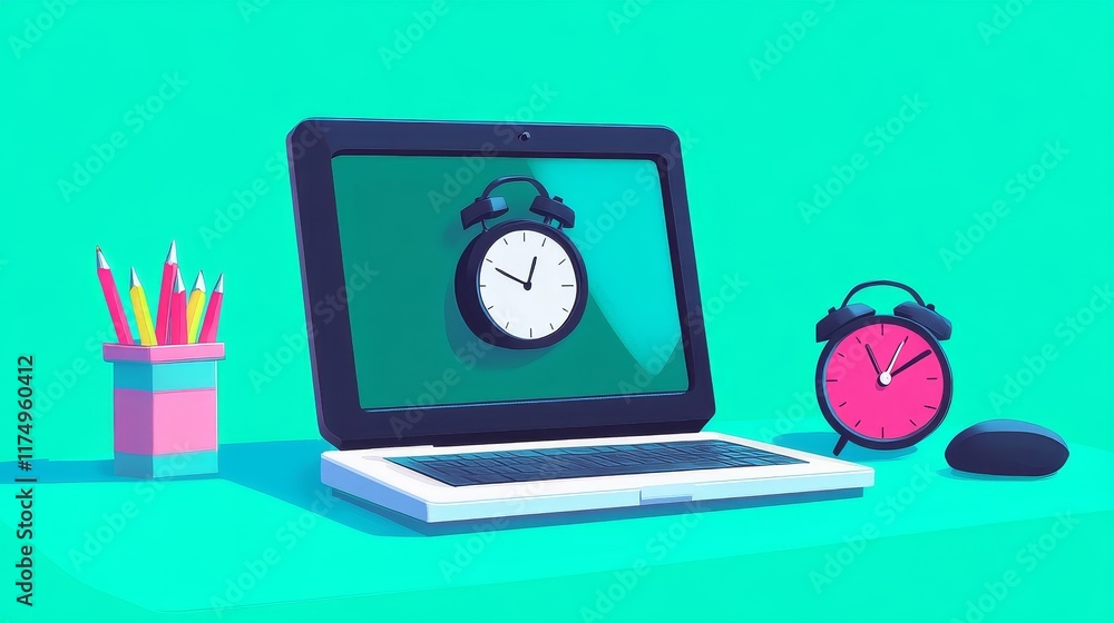 Poster laptop displaying a clock, emphasizing time management and productivity