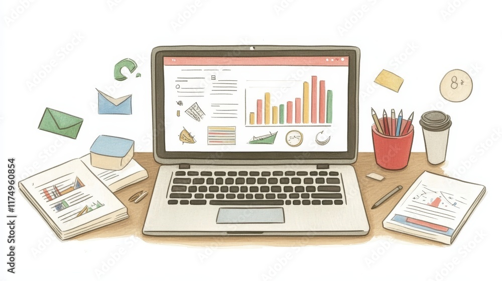 Aufkleber laptop displaying data analytics charts surrounded by office stationery and notes